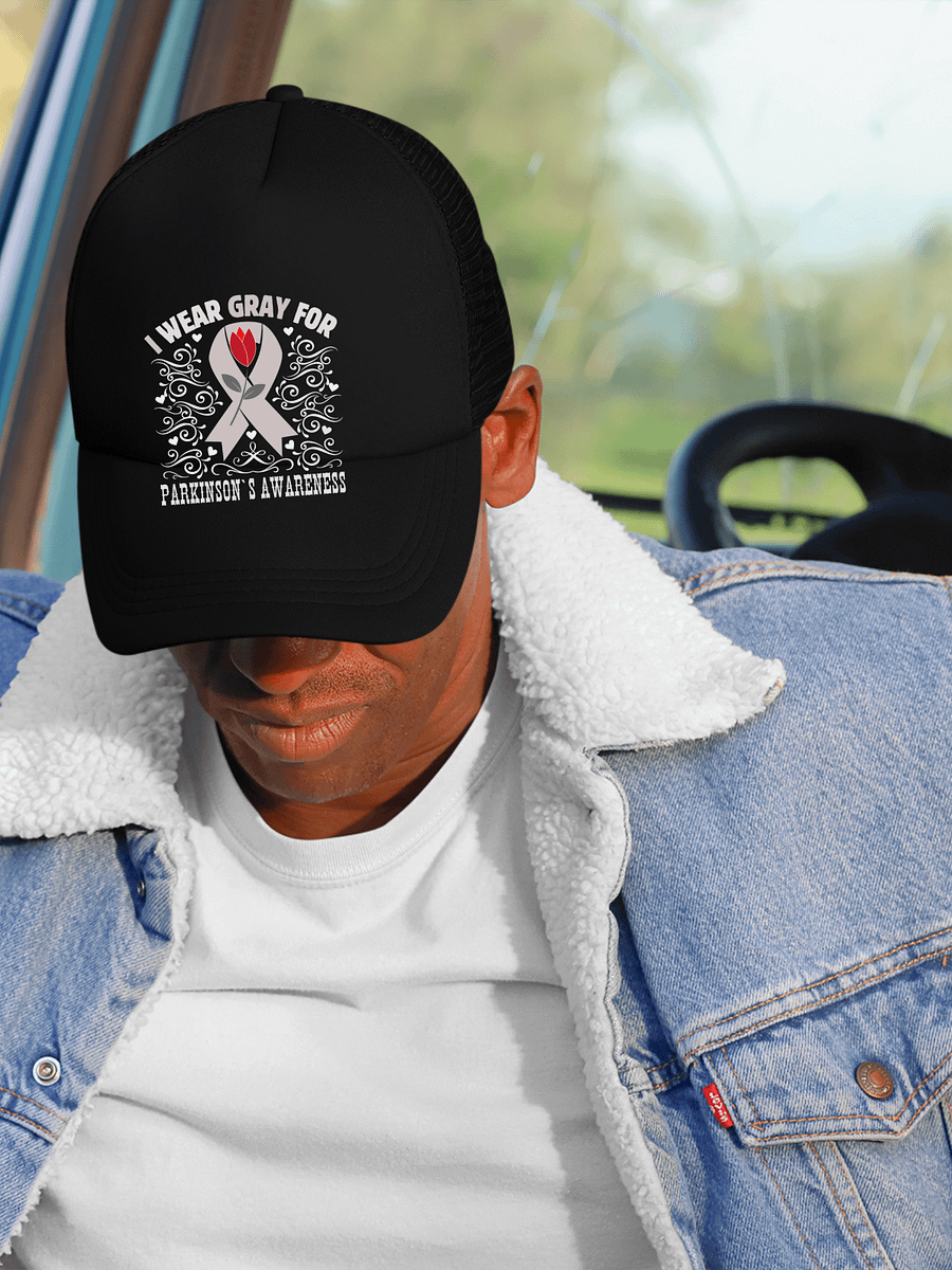I Wear Gray For Parkinson Awareness, Flourish Form Trucker Hat product image (1)