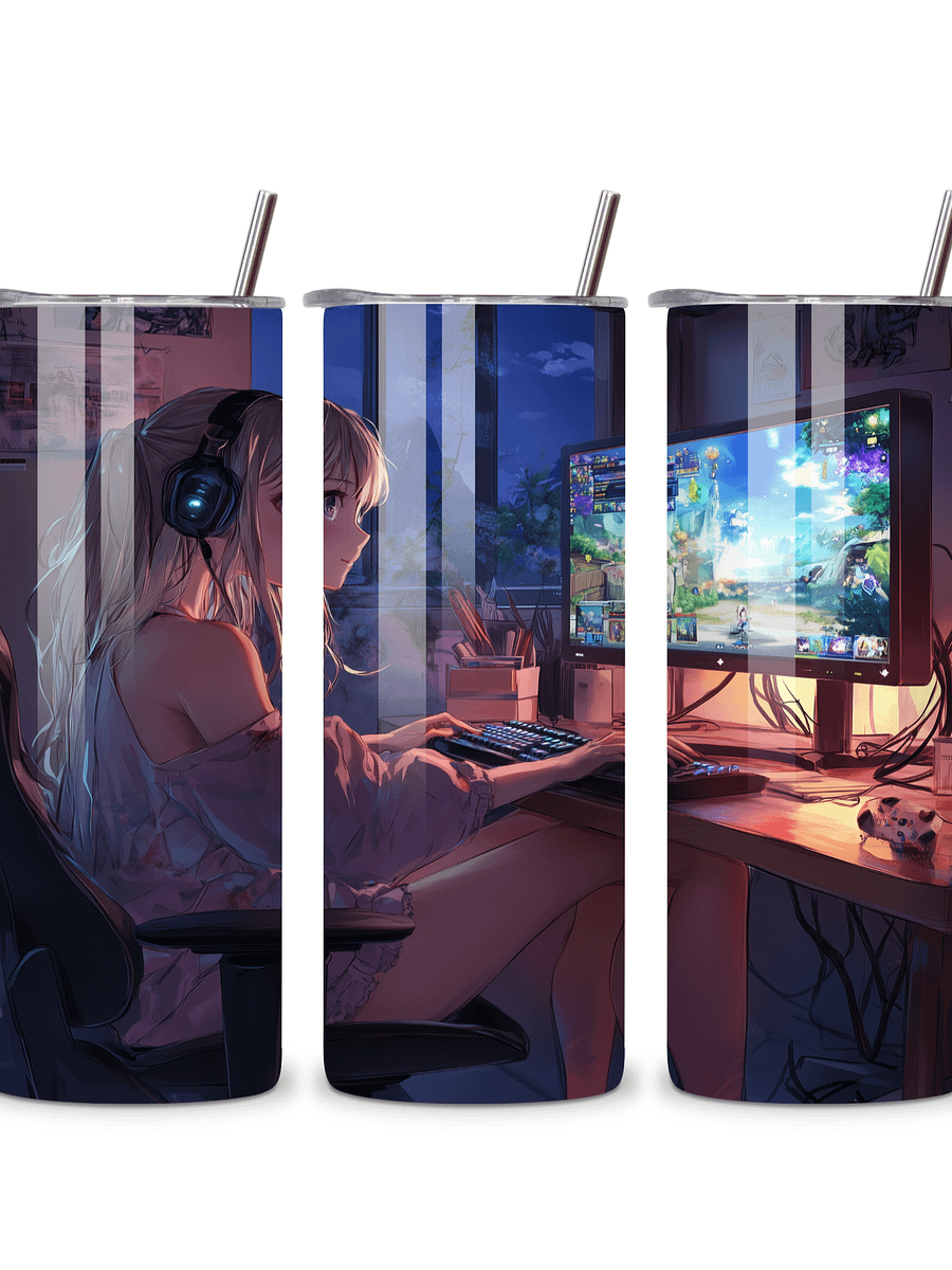 Anime Gamer Girl 20oz Skinny Tumbler with Metal Straw – Vibrant Gaming Setup Design – Double-Walled Insulated Stainless Steel Tumbler Gift for Anime and Gaming Fans (Anime Girl 1) product image (4)