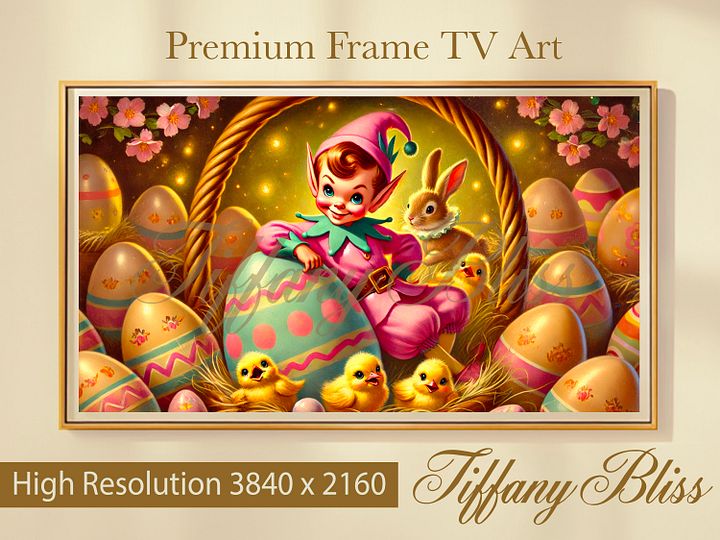 Spring Samsung Frame TV Art, Pink Elf Easter Egg Painting, Retro Art for TV, Vintage-style Easter Decor, product image (1)