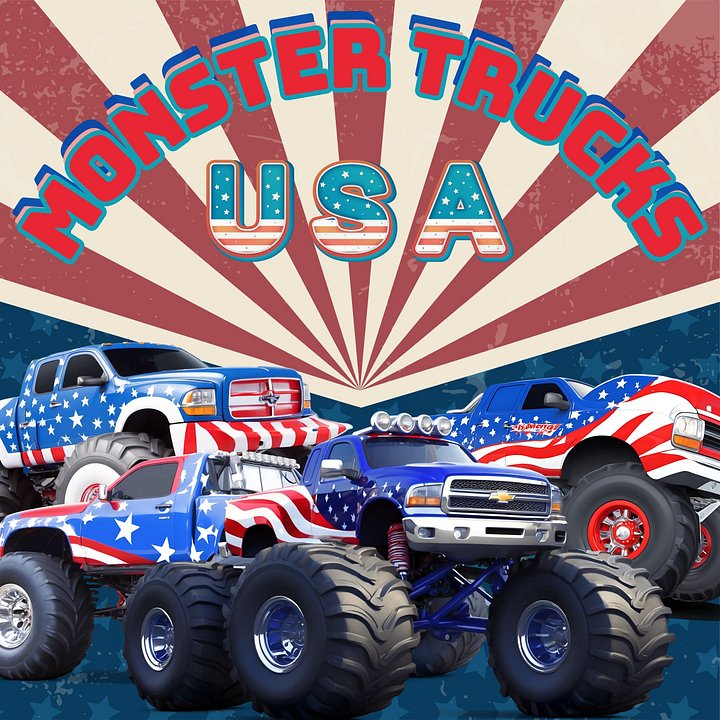 Monster Trucks USA Clipart Bundle, 4th of July PNG, Monster Truck Birthday Clipart for Party Decor, American Monster Trucks PNG product image (1)