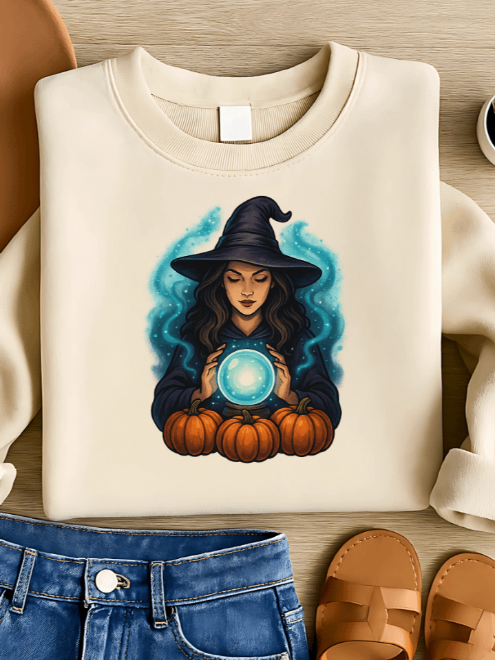 Spellbound Witch Sublimation PNG – Magical Glow Clipart for T-Shirts – Crystal Ball & Pumpkin Theme – 300 DPI Instant Digital Download product image (1)