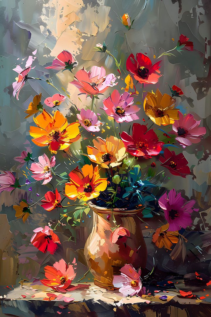 Impressionist Cosmos Flowers in Vase: Colorful Botanical Art for Lively Home Decor Matte Poster product image (1)