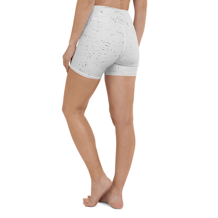 All-Over Print Yoga Shorts | with Inside Pocket | BRN.2C.C.™ | Coastal-Inspired Activewear | Vibrant Pink Logo on Distressed White product image (1)