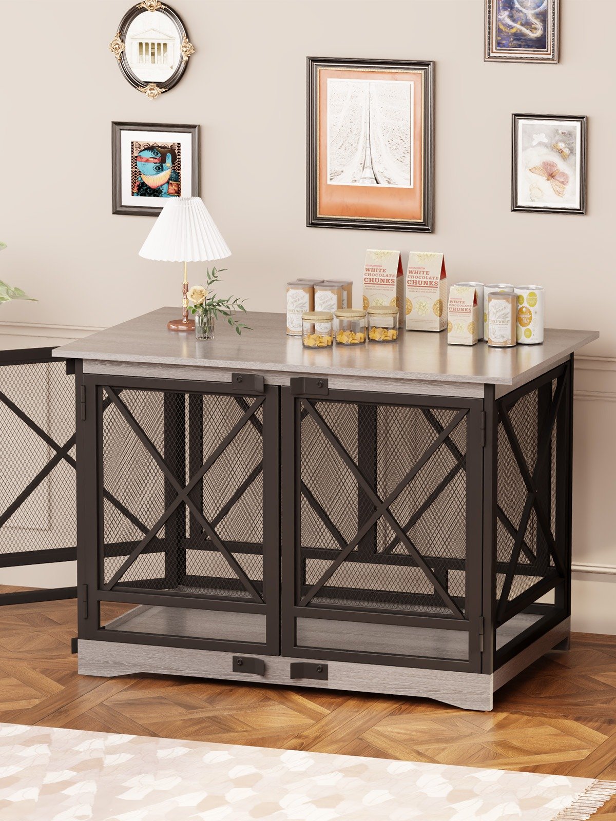 48 inch Extra Large Dog Crate Furniture,Double Door Indoor Kennel,End Side Table Wooden Dog Crates,Anti-Chew Anti-Escape, Gray product image (3)