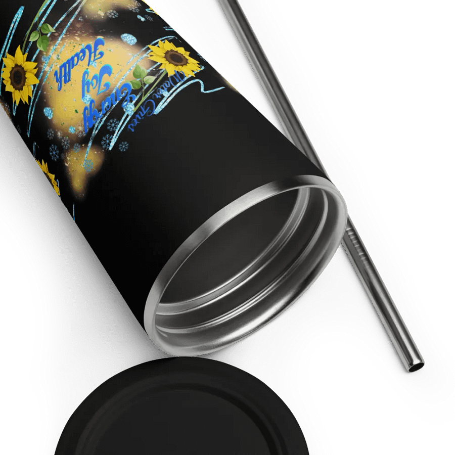 Insulated Tumbler with straw with beautiful swirly  water drop splash and drops design, featuring ‘This water gives Harmony in Body and Mind