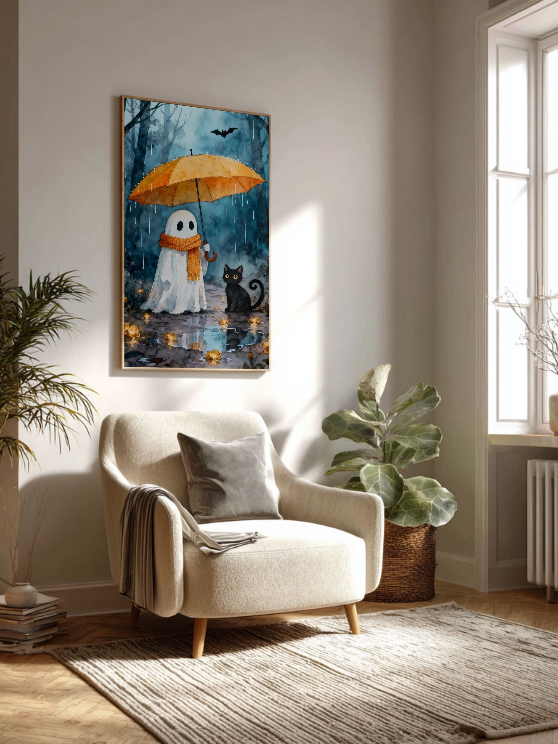 Watercolor Ghost & Black Cat Wall Art | Rainy Forest Umbrella Illustration | Printable Digital Art in Multiple Sizes product image (4)