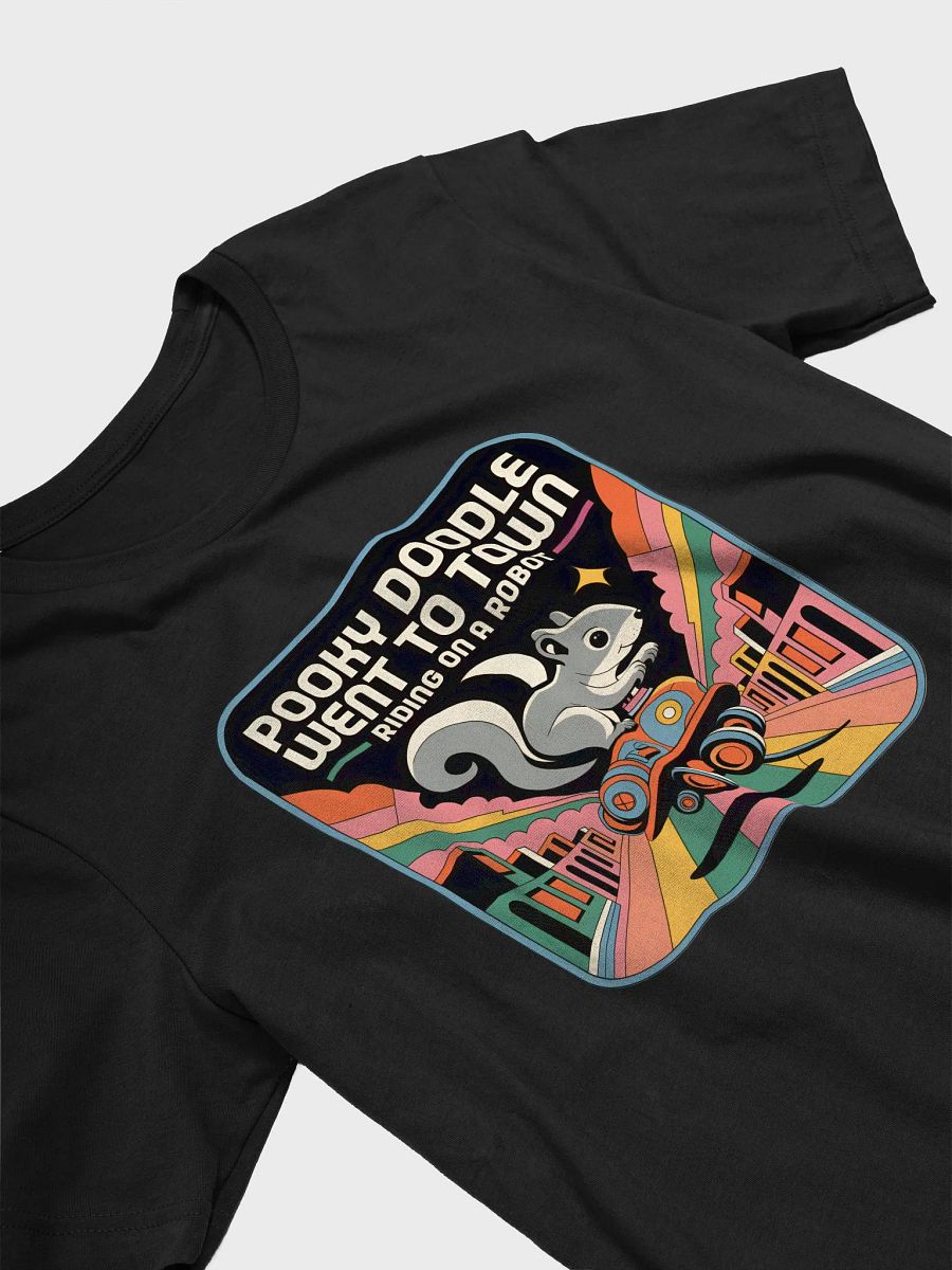 Super Soft and Flattering Tee: Pooky Doodle Went To Town Riding on a Robot, Funkytown, small image on back as well product image (3)