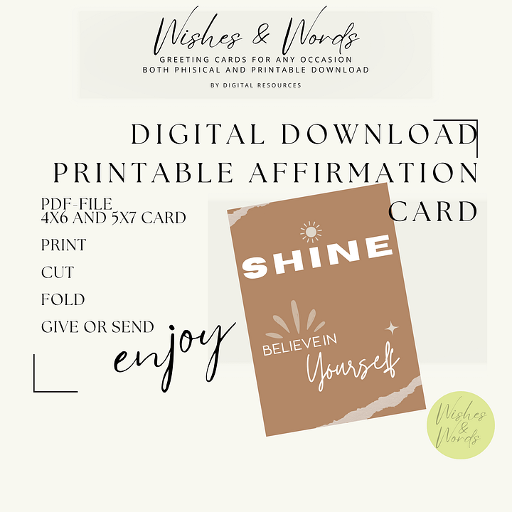 Printable Affirmation Card "Shine, Believe in Yourself" product image (1)