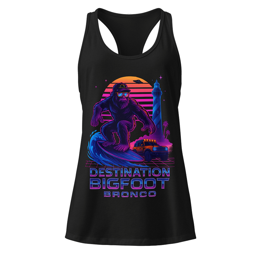 Destination Bigfoot Bronco Synthwave Next Level Women's Racerback Tank Top (Multi Color Options) product image (1)