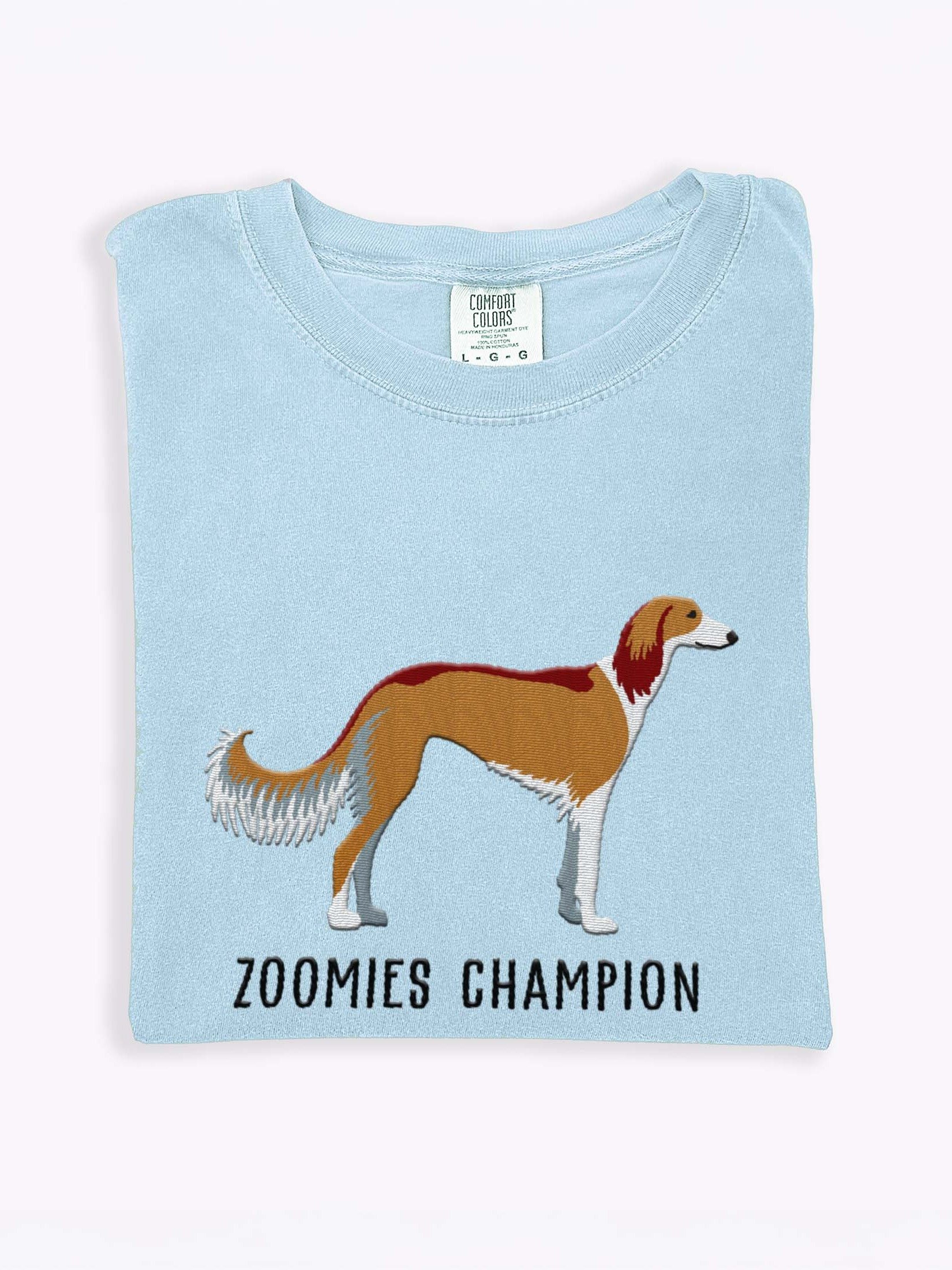 Zoomies Champion T-Shirt(Embroidered) of a Saluki(Tan) product image (1)