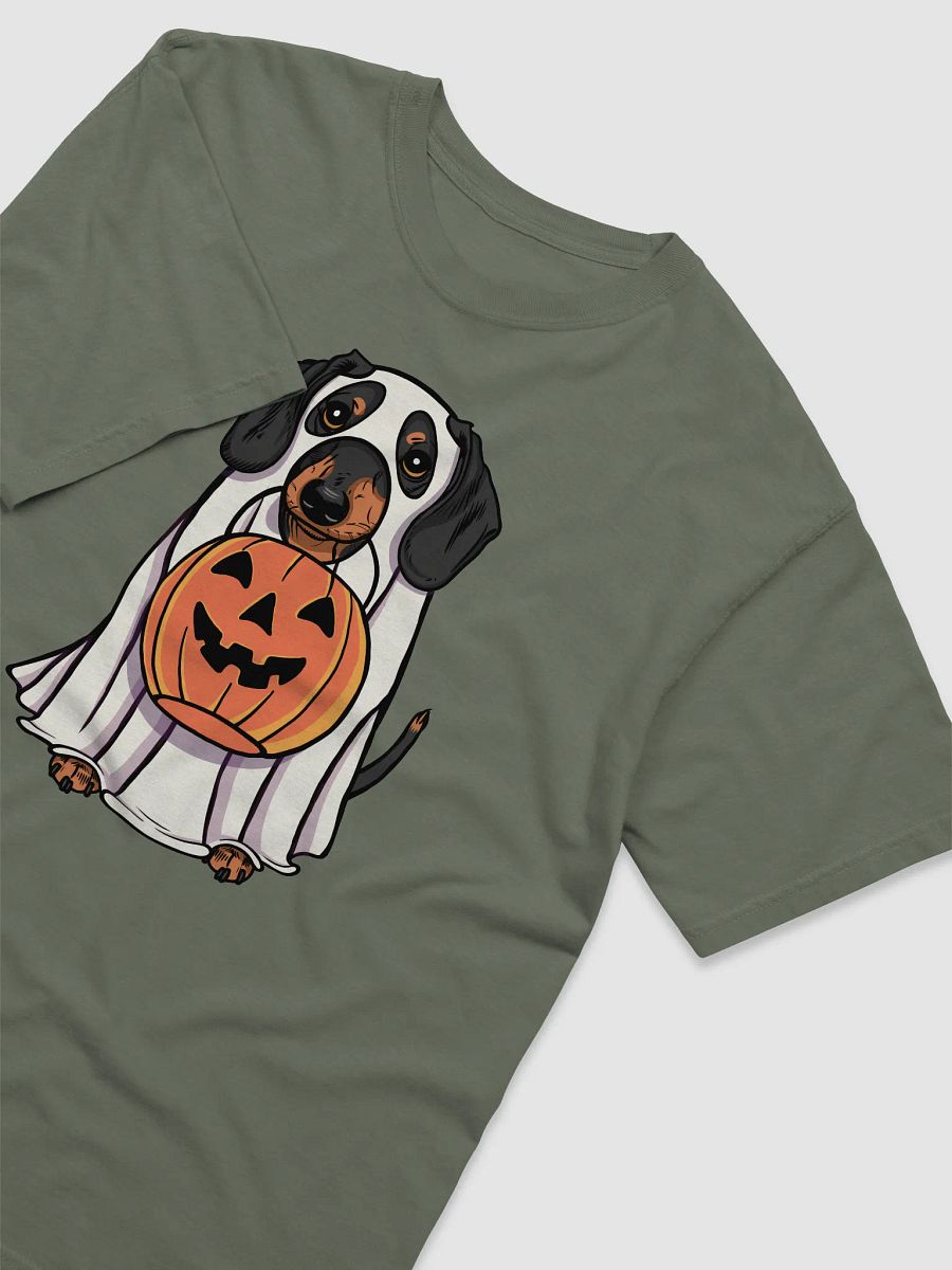 Funny Halloween Dachshund T-Shirt | Funny Doxie/Wiener Wearing a Ghost Costume and Holding a Pumpkin Basket product image (6)