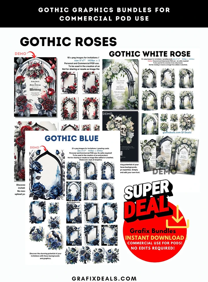 Gothic Red White and Blue Roses - 3 Bundles product image (1)