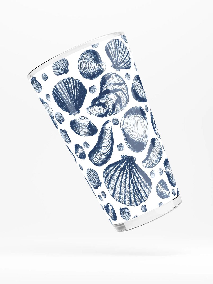 New England Tidal Treasures | | Dark Blue on White | Coastal Shell Repeat | Shaker Pint Glass by Monique Faella Designs™ Shell Yeah, It’s Sip Time 🐚🍺🌊 product image (4)