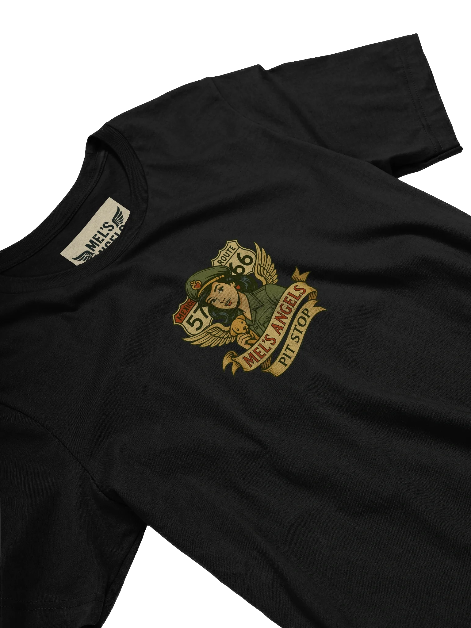 Mel’s Angels Pit Stop T-Shirt – Vintage Biker Style Route 57/66 Tee product image (4)