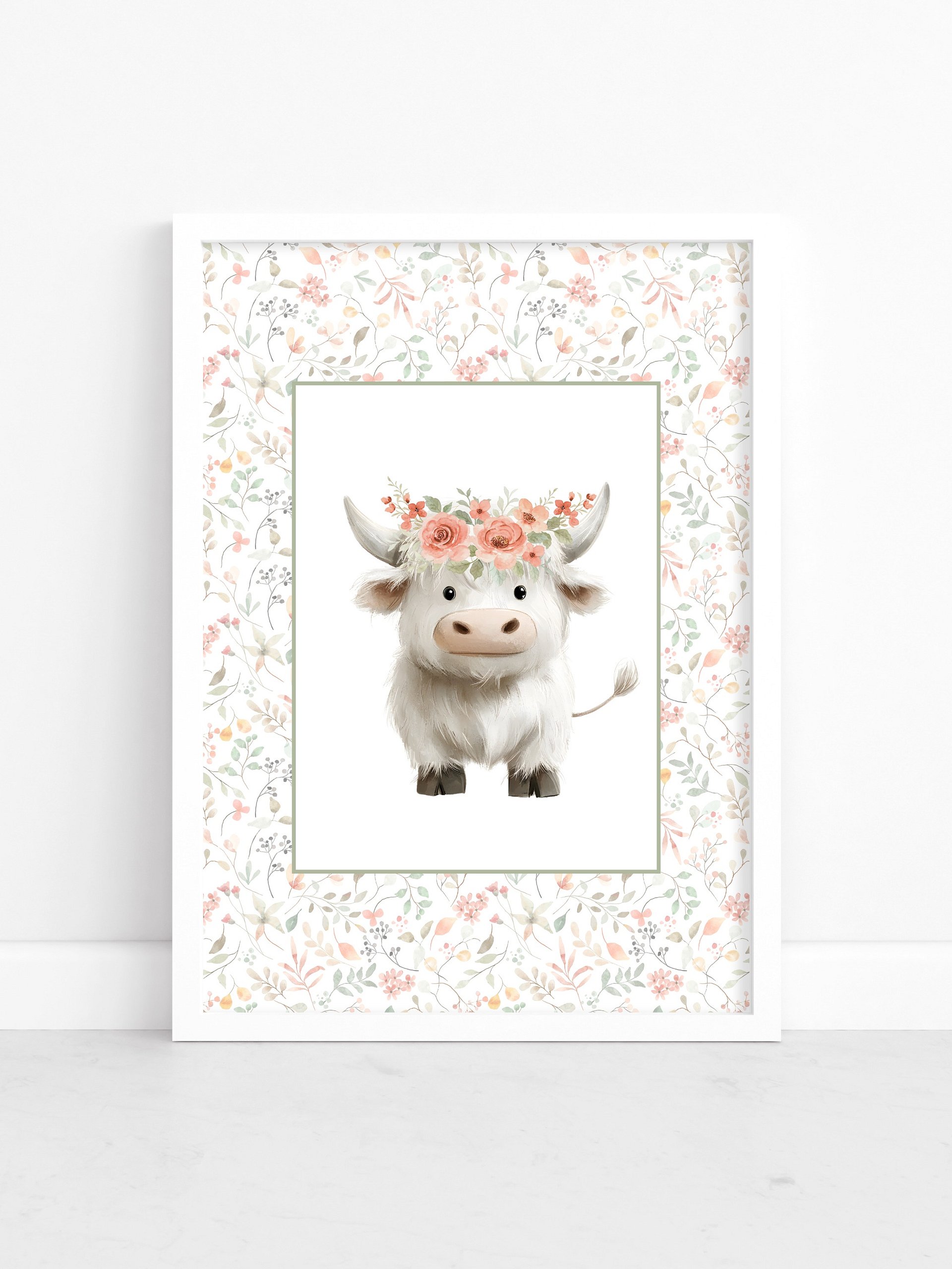 Cute White Highland Cow with Florals Nursery Print product image (1)