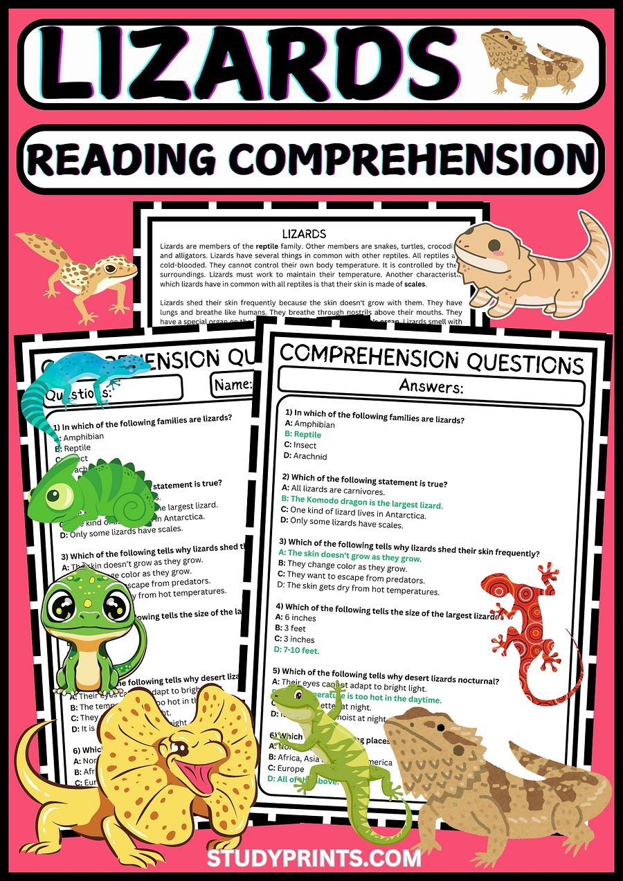 lizards READING COMPREHENSION | MULTIPLE-CHOICE QUIZ & ANSWER KEY product image (1)