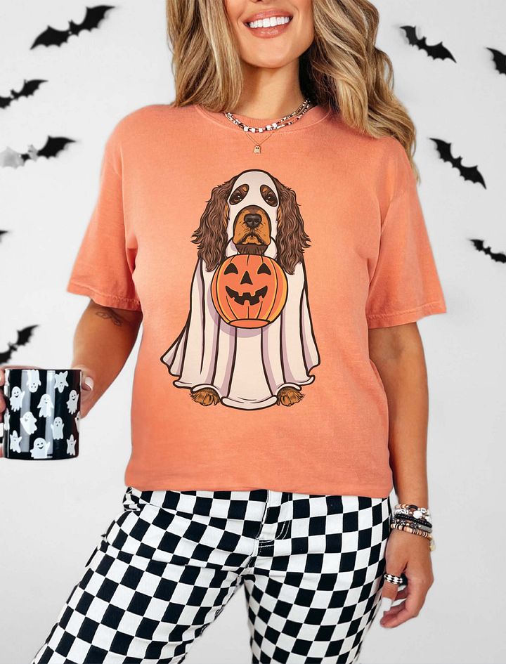 Funny Halloween Cocker Spaniel(Liver & Tan) T-Shirt | Funny Cocker Spaniel Wearing a Ghost Costume and Holding a Pumpkin Basket product image (19)