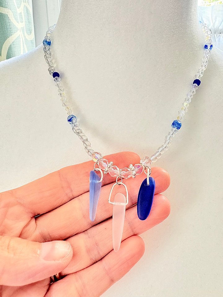 Tri-Sea Glass Pendant Necklace | Coastal Blues & Glass Beads | Handmade Coastal Charm Jewelry by Monique Faella Designs™ | MFD-00031 product image (2)