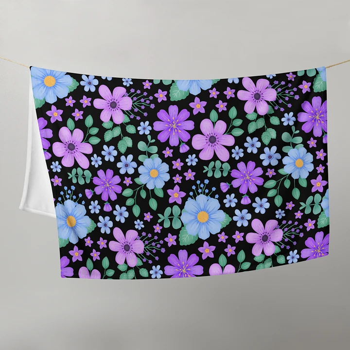 Vibrant Floral Blooms Blue Mauve Purple Blanket - Black product image (1)