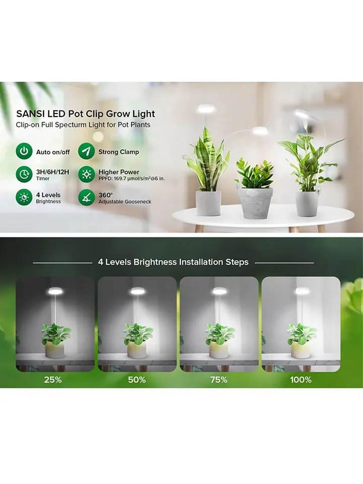 SANSI 10W Pot Clip LED Grow Light – Goose Neck Full Spectrum 4000K Daylight with 4-Level Dimmable & Timer product image (2)