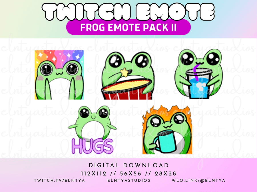 Kawaii Frog Emote Pack 2 - Pride, Popcorn/Snack/Snacc, Hydrate, Hugs, Fire/This is Fine Froggy product image (1)