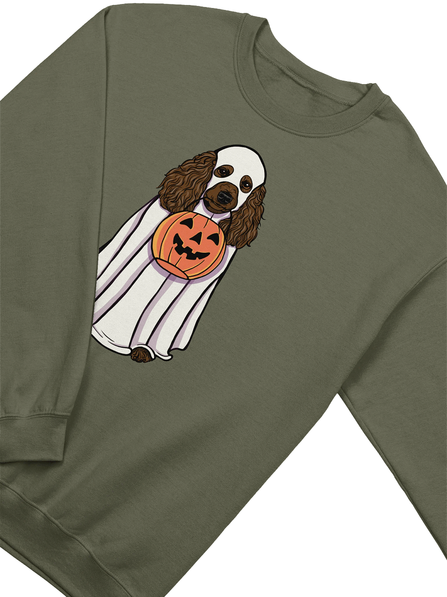 Funny Halloween Poodle(Chocolate) Sweatshirt | Funny Papillon Wearing a Ghost Costume and Holding a Pumpkin Basket product image (18)