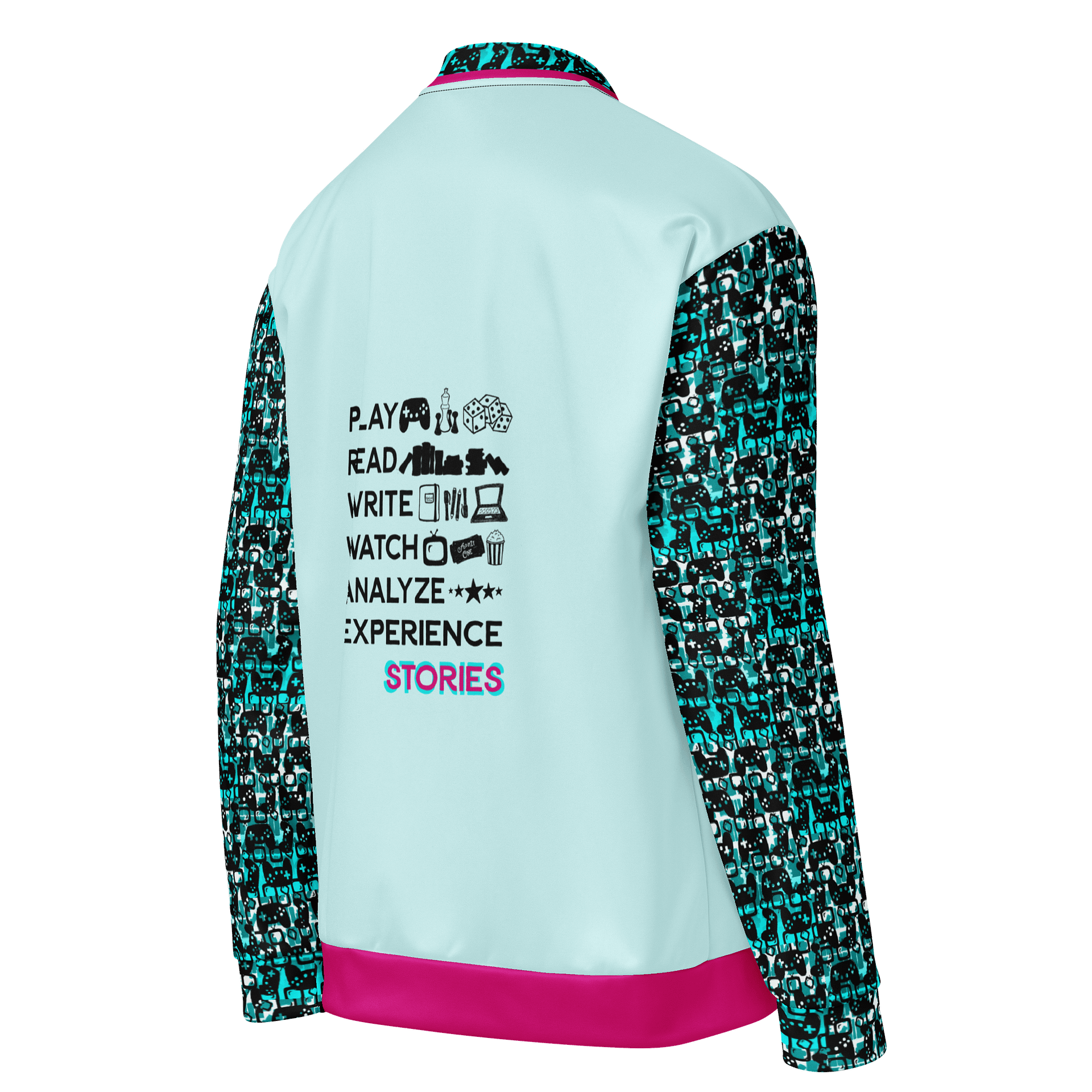 Experience Stories Unisex Bomber Jacket (Teal, Pink, and Black) product image (4)