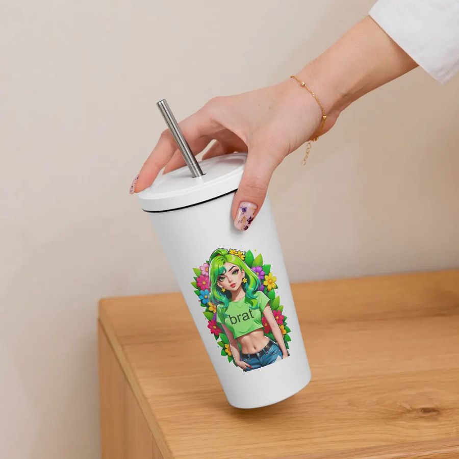 Brat 20 oz Tumbler Cup - White - Insulated Tumbler with a Straw v2 product image (6)