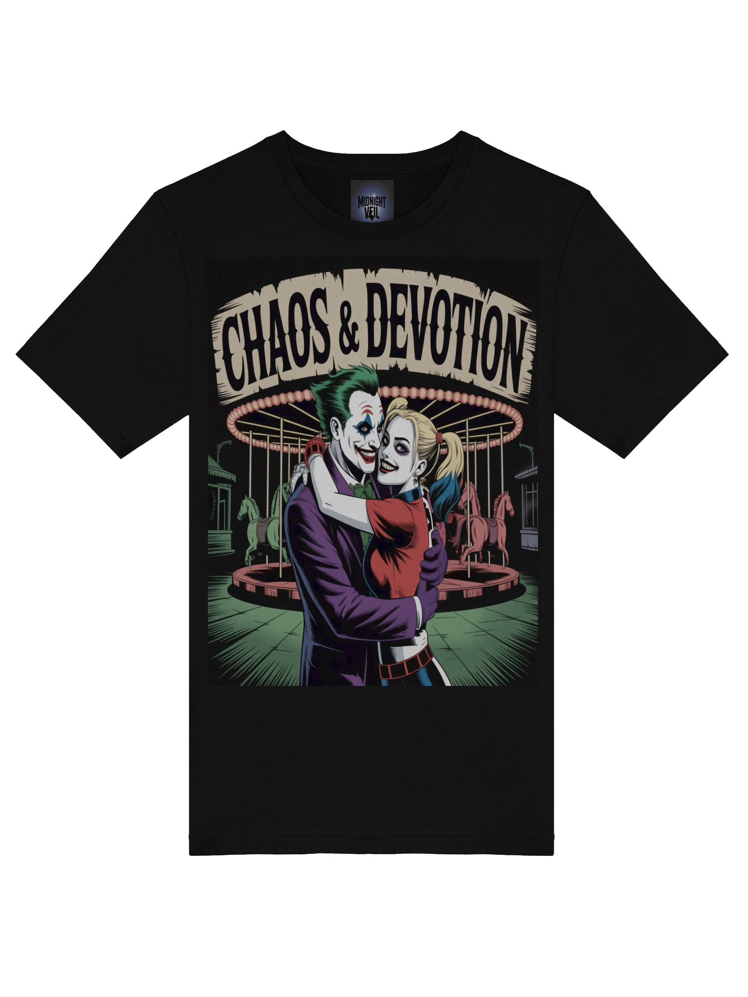 Chaos & Devotion: Joker and Harley Quinn Carousel Embrace T-Shirt product image (7)