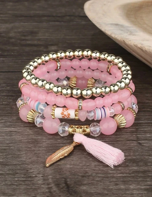 4 PC PINK TASSEL CHARM BEADED BRACELET product image (2)