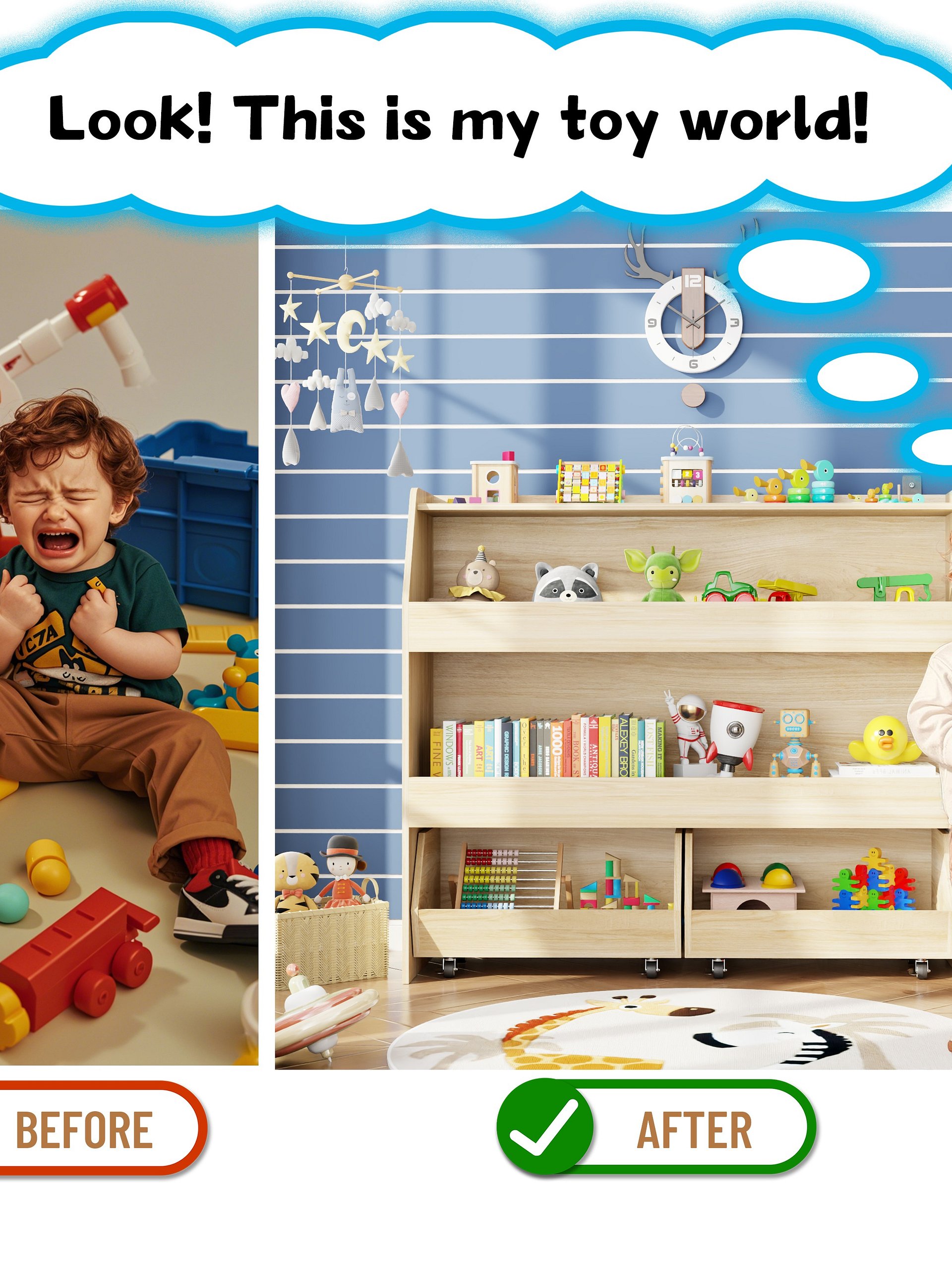 3-Tier Portable Toy Storage, Kids Toy Organizer W/2 Removable Bins with 4 Wheels（Wood) product image (9)