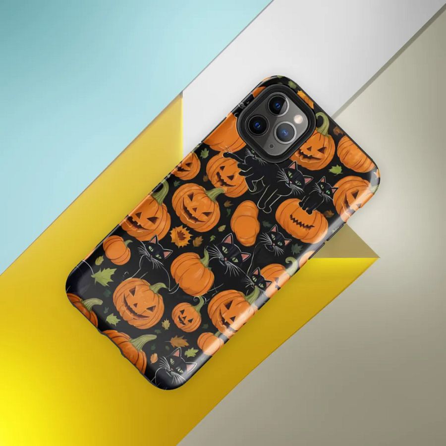 Haunted Whimsy: Pumpkin & Cat Face iPhone Case product image (40)