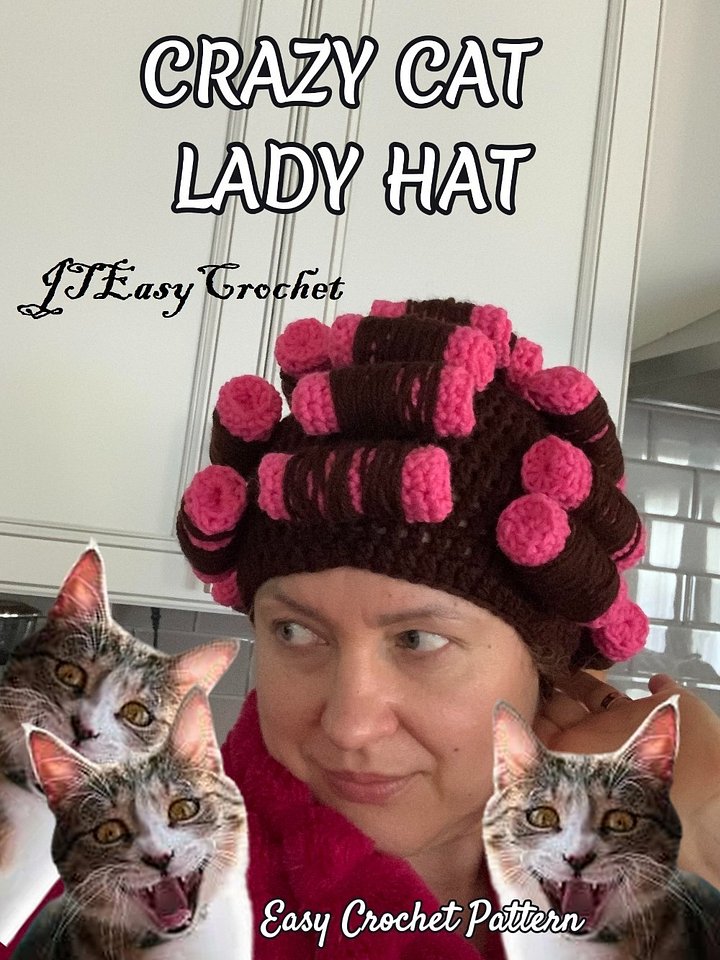 Crazy Cat Lady Hat Crochet Pattern, Crochet Curler Wig Hat Pattern, Beautician Cap with Foam Rollers, ALL Sizes product image (2)