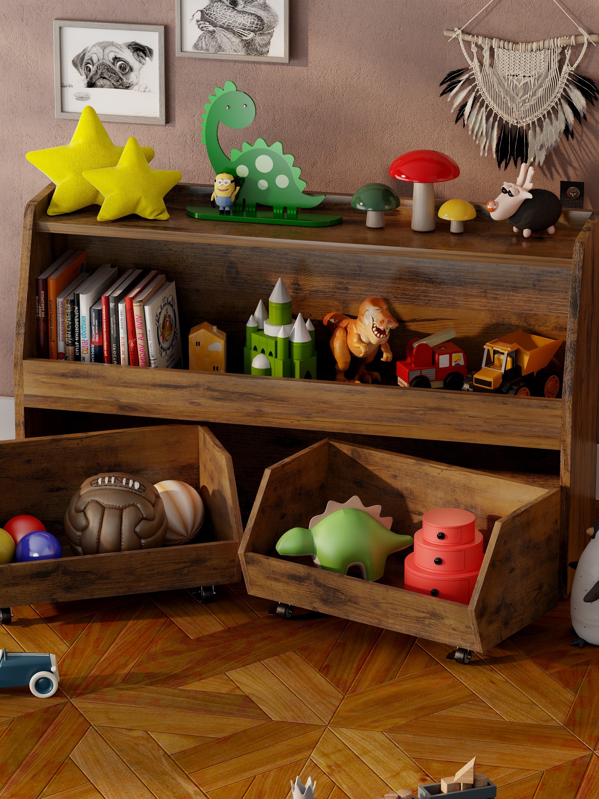 2-Tier Portable Toy Storage, Kids Toy Organizer W/2 Removable Bins with 4 Wheels（Brown) product image (9)