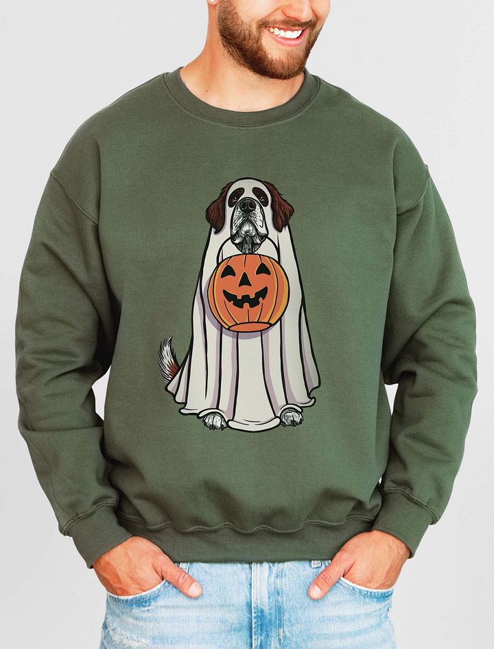Funny Halloween Saint Bernard(Mahogany) Sweatshirt | Funny Dog Wearing a Ghost Costume and Holding a Pumpkin Basket product image (15)