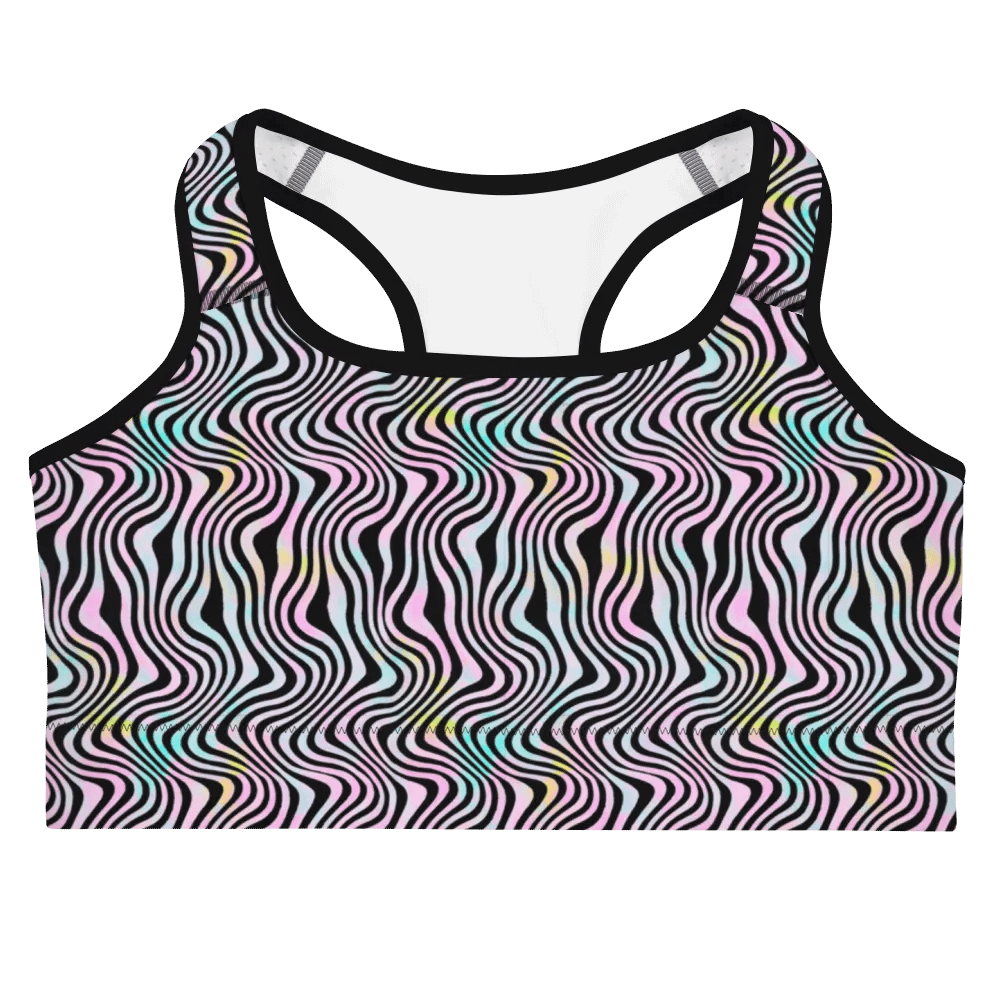 Comfortable sports bra in wavy pink black and turquoise design product image (3)