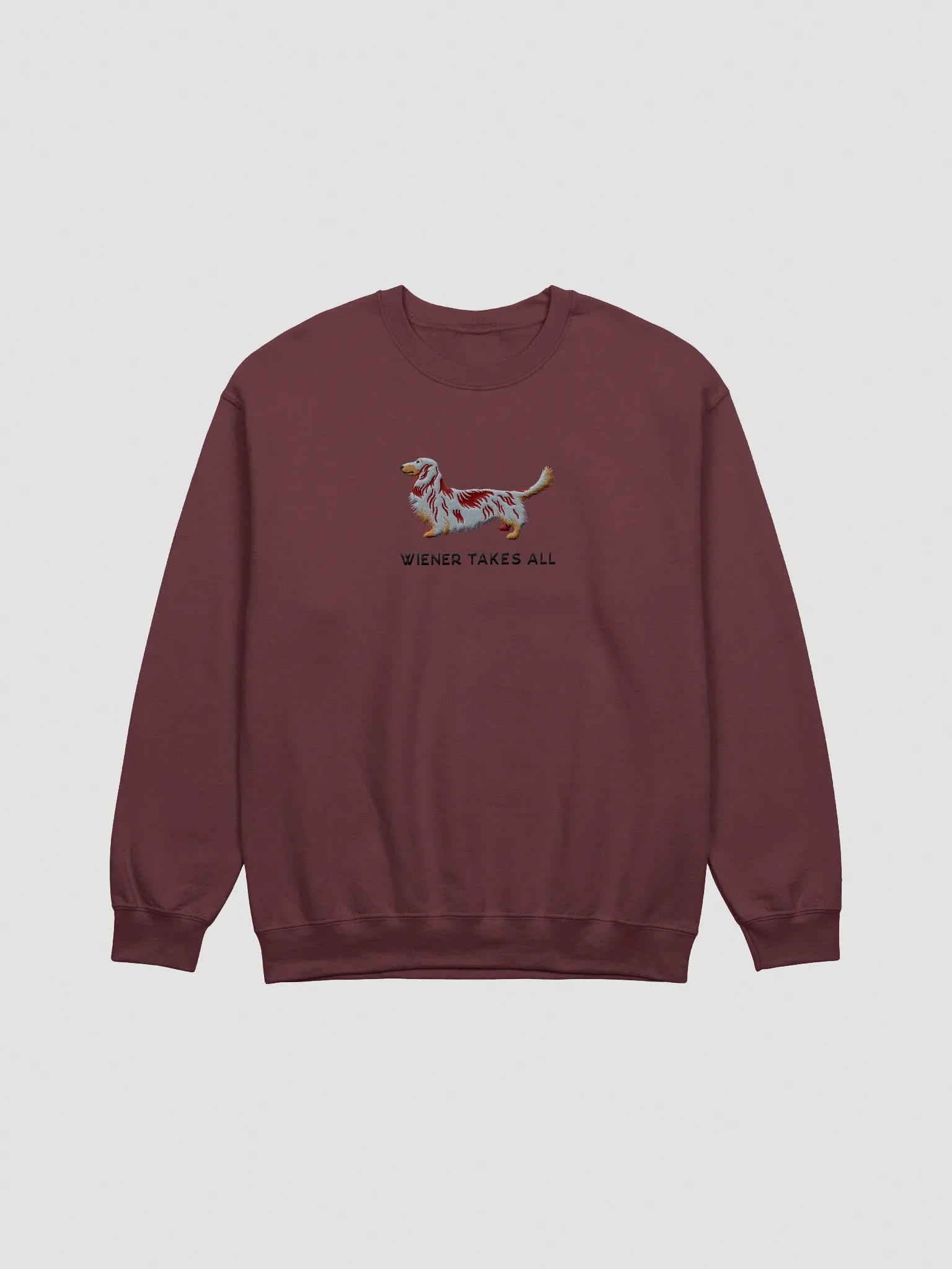 Wiener Takes All Sweatshirt (Embroidered) of a Longhaired Dachshund(Red Dapple) product image (3)
