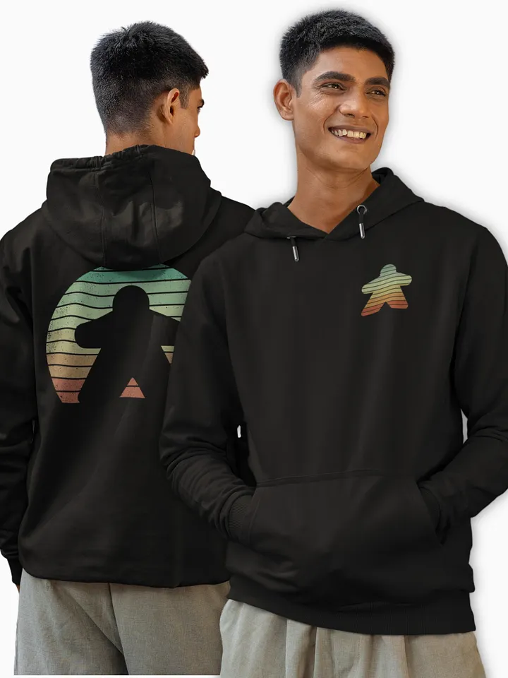 Retro Sunset Meeple Hoodie for Board Gamers - Black product image (1)