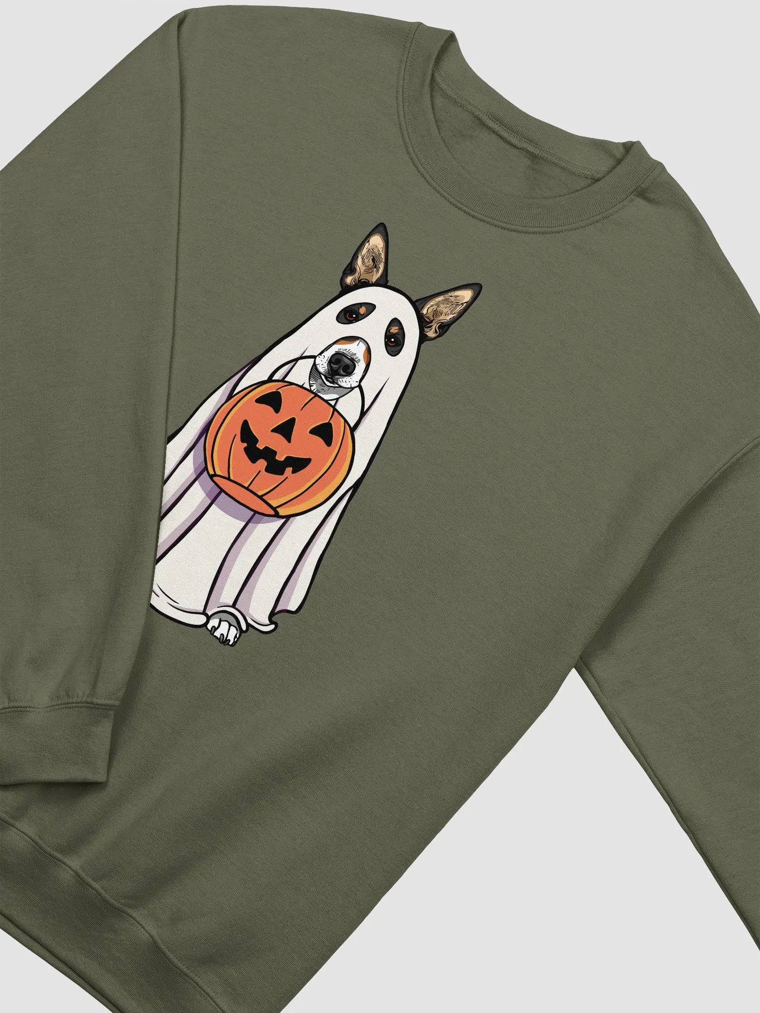 Funny Halloween Basenji(Tricolor) Sweatshirt | Funny Basenji Wearing a Ghost Costume and Holding a Pumpkin Basket product image (14)