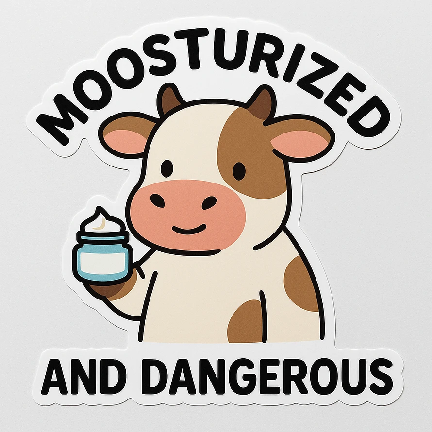 Cow holding moisturizer pot with text 