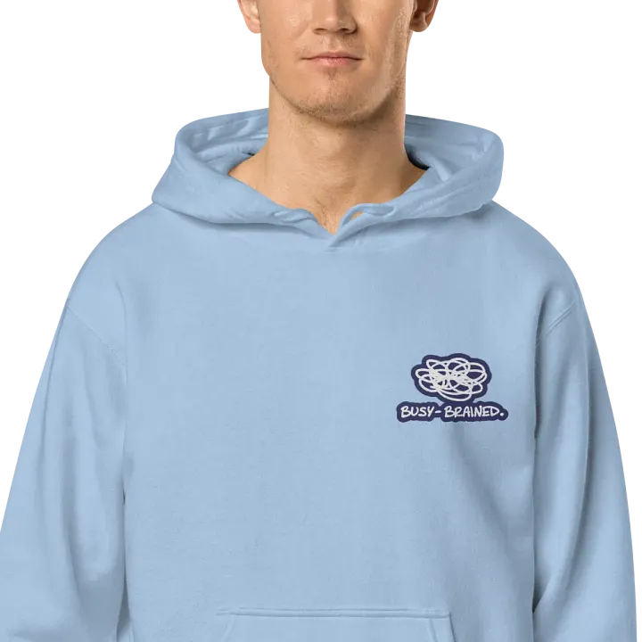 BUSY-BRAINED (L.C. navy bubble design 2) embroidered pigment hoodie product image (1)