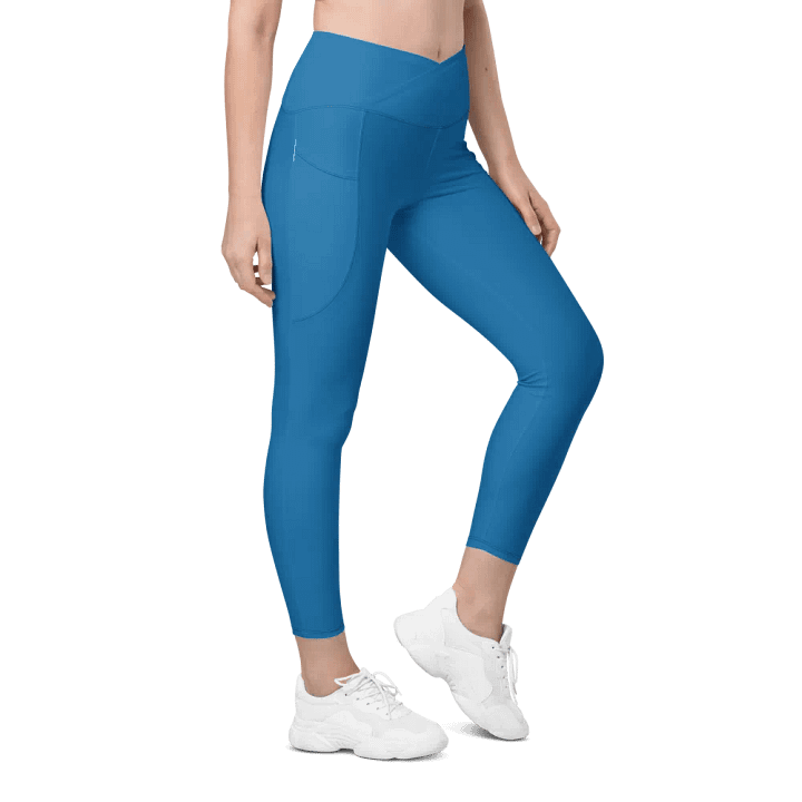 Plain Atlantic Blue True Summer Women's High Waisted Premium Crossover Leggings with Pockets by Treasure Pie product image (1)