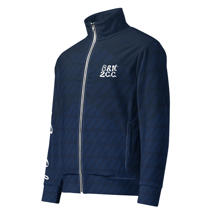 All-Over Print Recycled Track Jacket | Coastal Chill Meets Street Thrill | BOURNE to Cape Cod™ + BRN.2C.C.™ | White Logos on Athletic Blue Pattern product image (1)