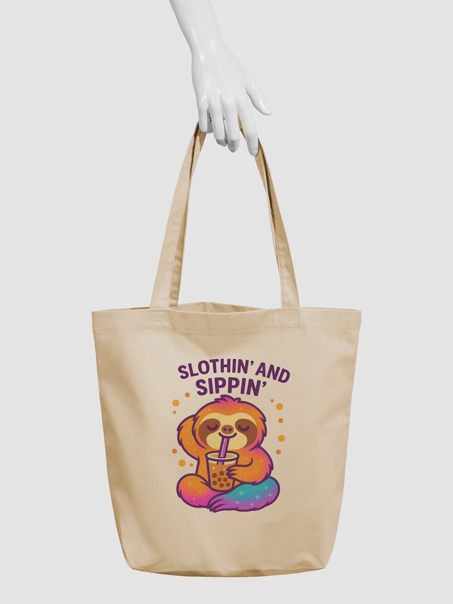 Slothin’ and Sippin’ – Funny Sloth Boba Tea Tote Bag (Double-Sided Print) | Eco Cotton Tote | Sloths Having Snacks Collection product image (3)