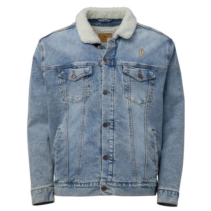 EXCLAIMING MENTALLY (brass) embroidered denim sherpa jacket product image (1)