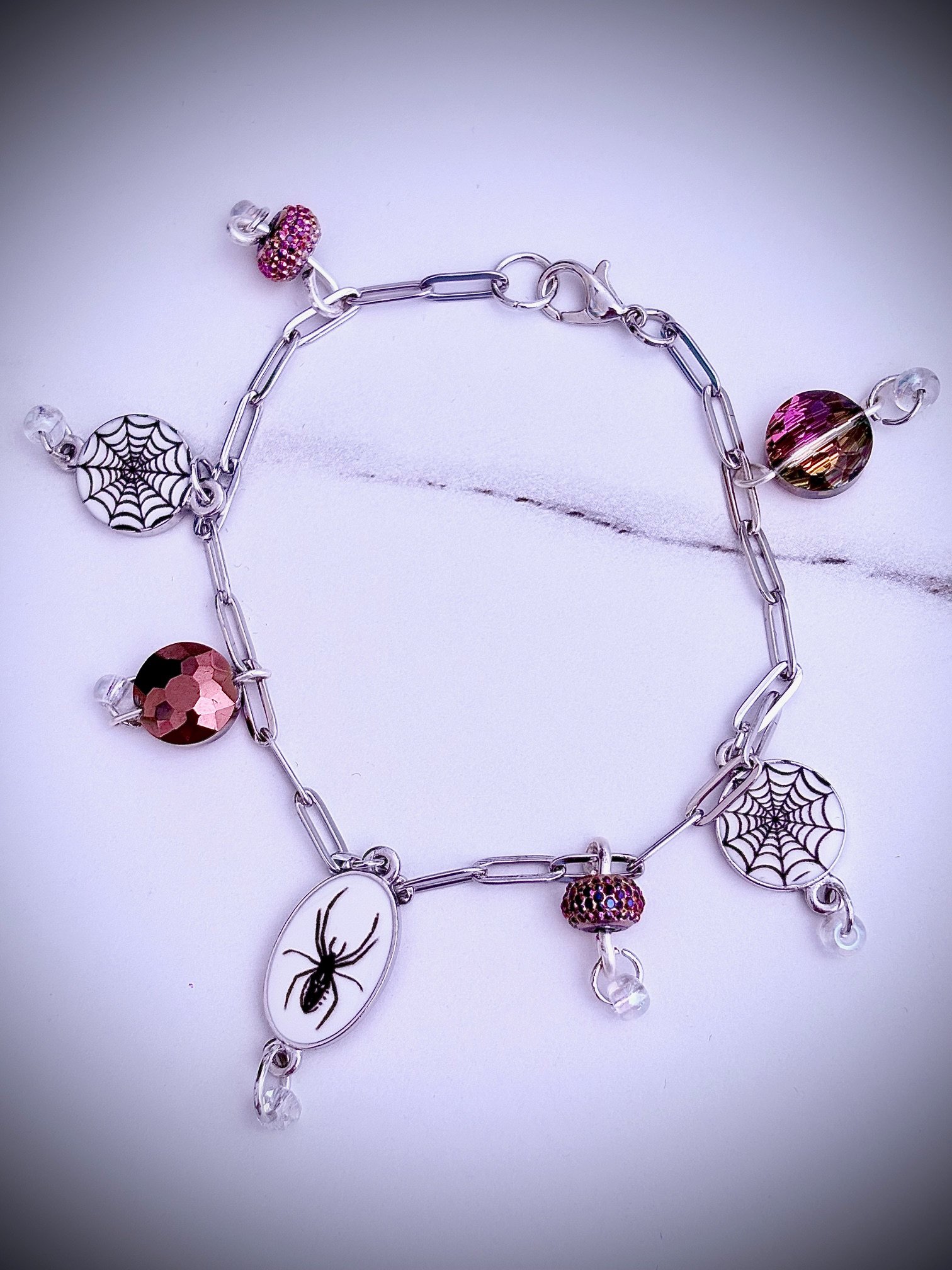 MFD-00247 | Spooky Arachnid Charm Bracelet | Stainless Steel Paperclip Chain | Charm Jewelry by Monique Faella Designs™ product image (1)