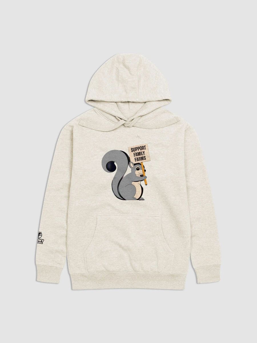 Super Soft Hoodie: Support Family Farms, sign and squirrel, logo on back product image (1)