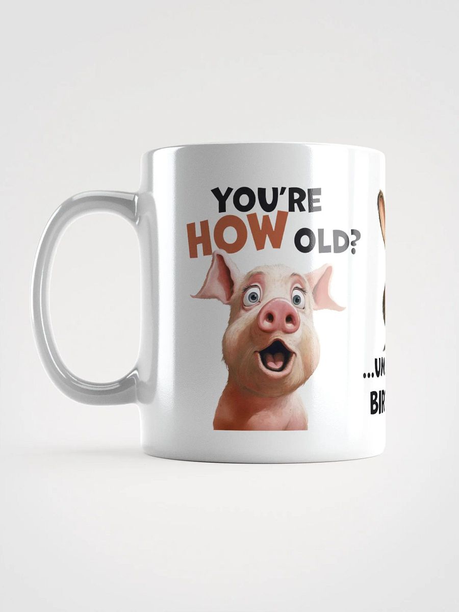 "You're HOW old?" Shocked pig, rabbit and cow. White glossy mug product image (6)