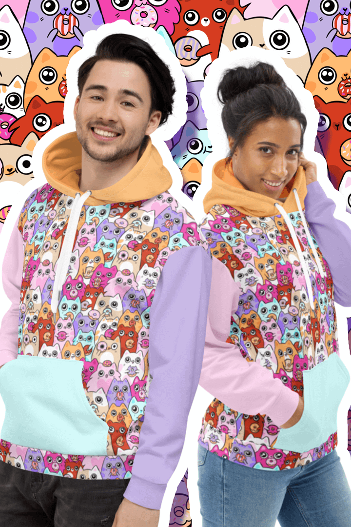 Colorful Doughnut Loving Cat Faces All-Over Print Hoodie product image (1)
