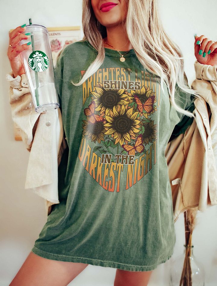 The Brightest Light Shines in the Darkest Night Sunflower T-Shirt | Motivational Fall and Thanksgiving T-Shirt Design product image (15)